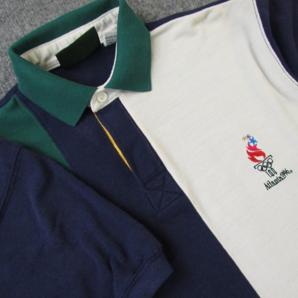 Vintage Atlanta 1996 Olympics Shirt Mens Small Multi Color Striped Polo Avon 90s